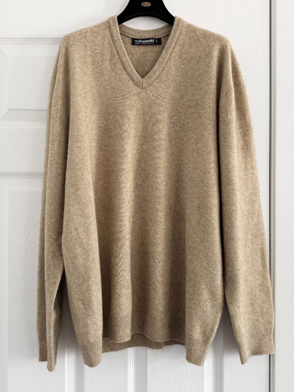 NativeWorld Made in New Zealand V-Neck Sweater in Tan, size Large